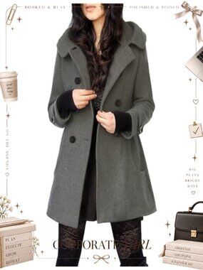 Warm Double Breasted Wool Pea Coat Trench Jacket with Hood